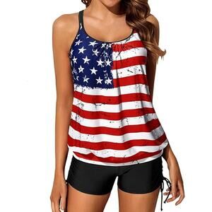 Yonique Womens Large American Flag Tank Top Shorts Strappy Tankini Swimsuit